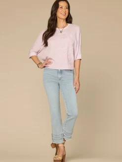 Three Quarter Dolman Sleeve Scoop Neck Embroidered Petite Knit Top