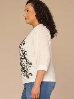 Three Quarter Dolman Sleeve Scoop Neck Embroidered Plus Size Knit Top
