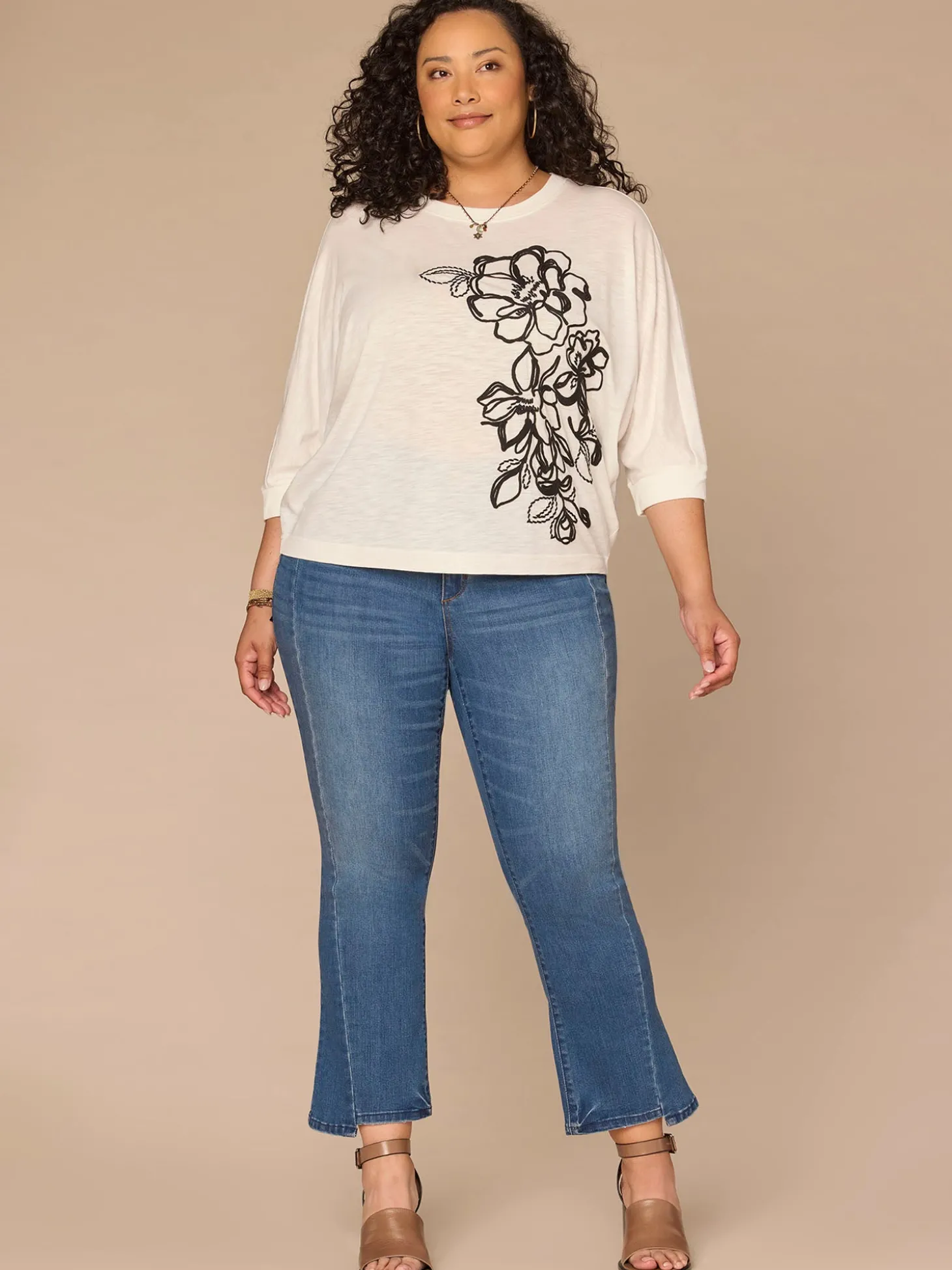 Three Quarter Dolman Sleeve Scoop Neck Embroidered Plus Size Knit Top