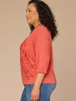 Three Quarter Dolman Sleeve Scoop Neck Embroidered Plus Size Knit Top
