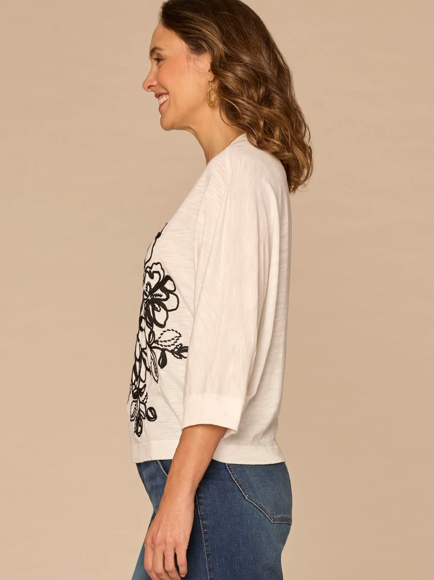 Three Quarter Dolman Sleeve Scoop Neck Floral Embroidered Knit Top