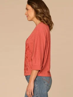 Three Quarter Dolman Sleeve Scoop Neck Floral Embroidered Knit Top