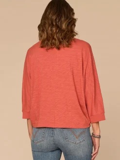 Three Quarter Dolman Sleeve Scoop Neck Floral Embroidered Knit Top