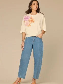 Three Quarter Dolman Sleeve Scoop Neck Embroidered Petite Knit Top