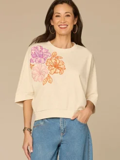 Three Quarter Dolman Sleeve Scoop Neck Floral Embroidered Knit Top