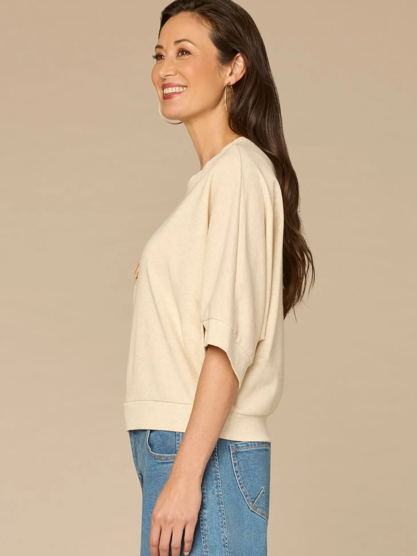 Three Quarter Dolman Sleeve Scoop Neck Floral Embroidered Knit Top