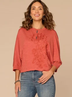 Three Quarter Dolman Sleeve Scoop Neck Embroidered Petite Knit Top