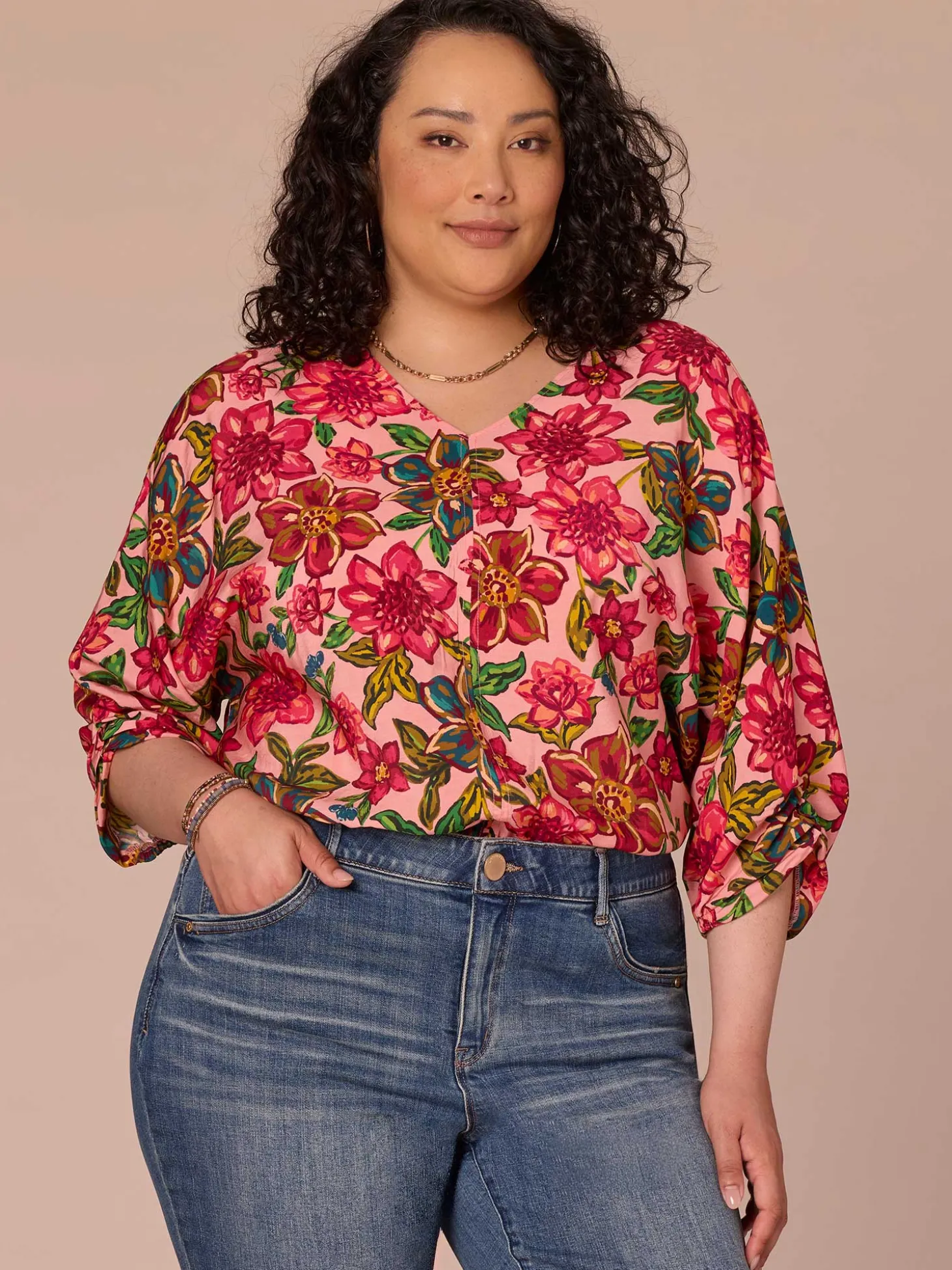 Three Quarter Kimono Sleeve V-Neck Floral Print Plus Size Woven Top