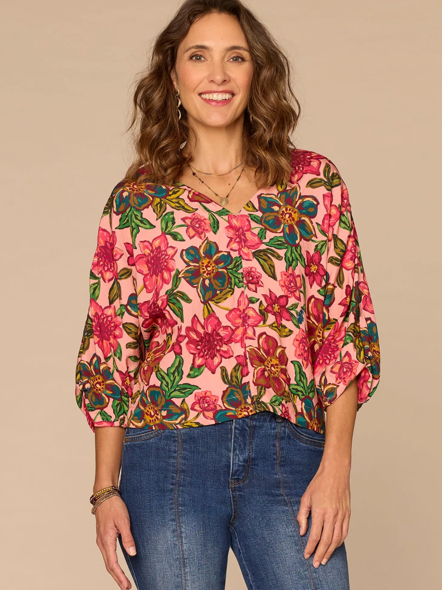 Three Quarter Kimono Sleeve V-Neck Floral Print Petite Woven Top