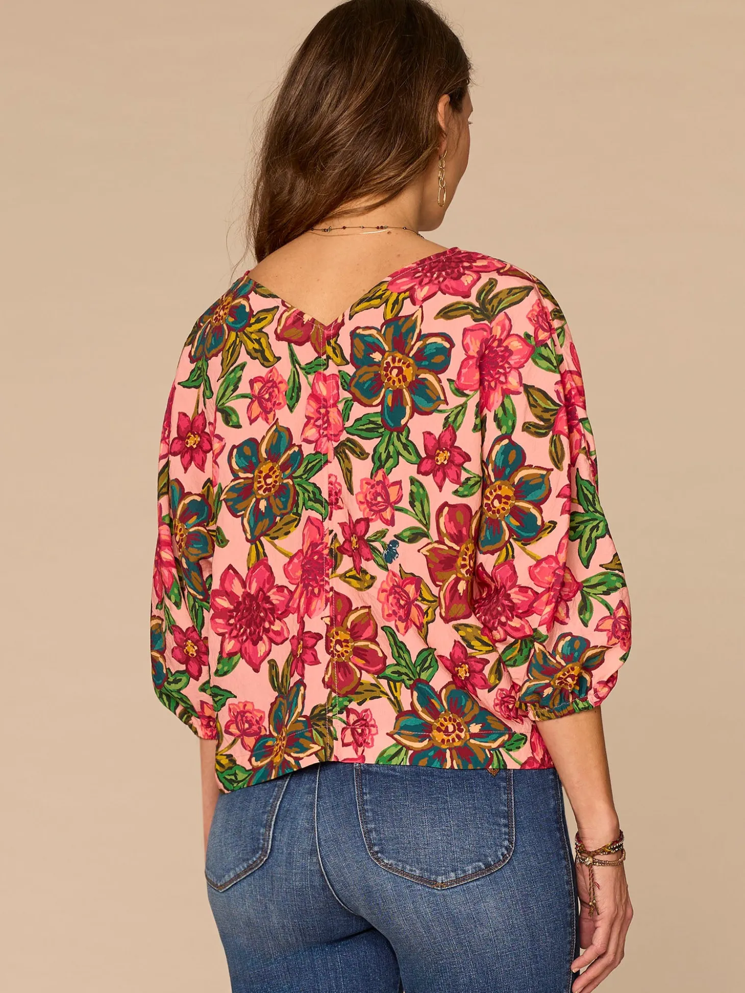 Three Quarter Kimono Sleeve V-Neck Floral Print Woven Top