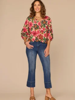Three Quarter Kimono Sleeve V-Neck Floral Print Woven Top