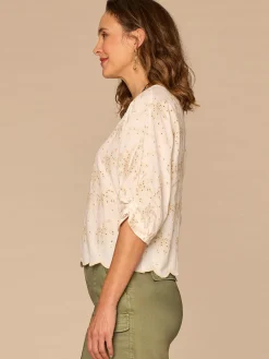 Three Quarter Pleated Sleeve Boat Neck Palm Tree Embroidered Woven Top