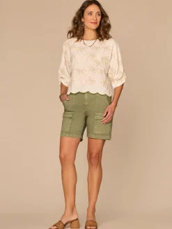 Three Quarter Pleated Sleeve Boat Neck Palm Tree Embroidered Woven Top