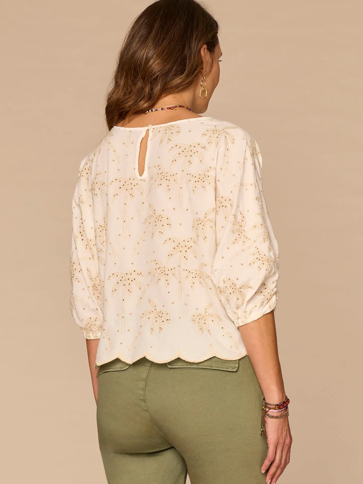 Three Quarter Pleated Sleeve Boat Neck Palm Tree Embroidered Woven Top