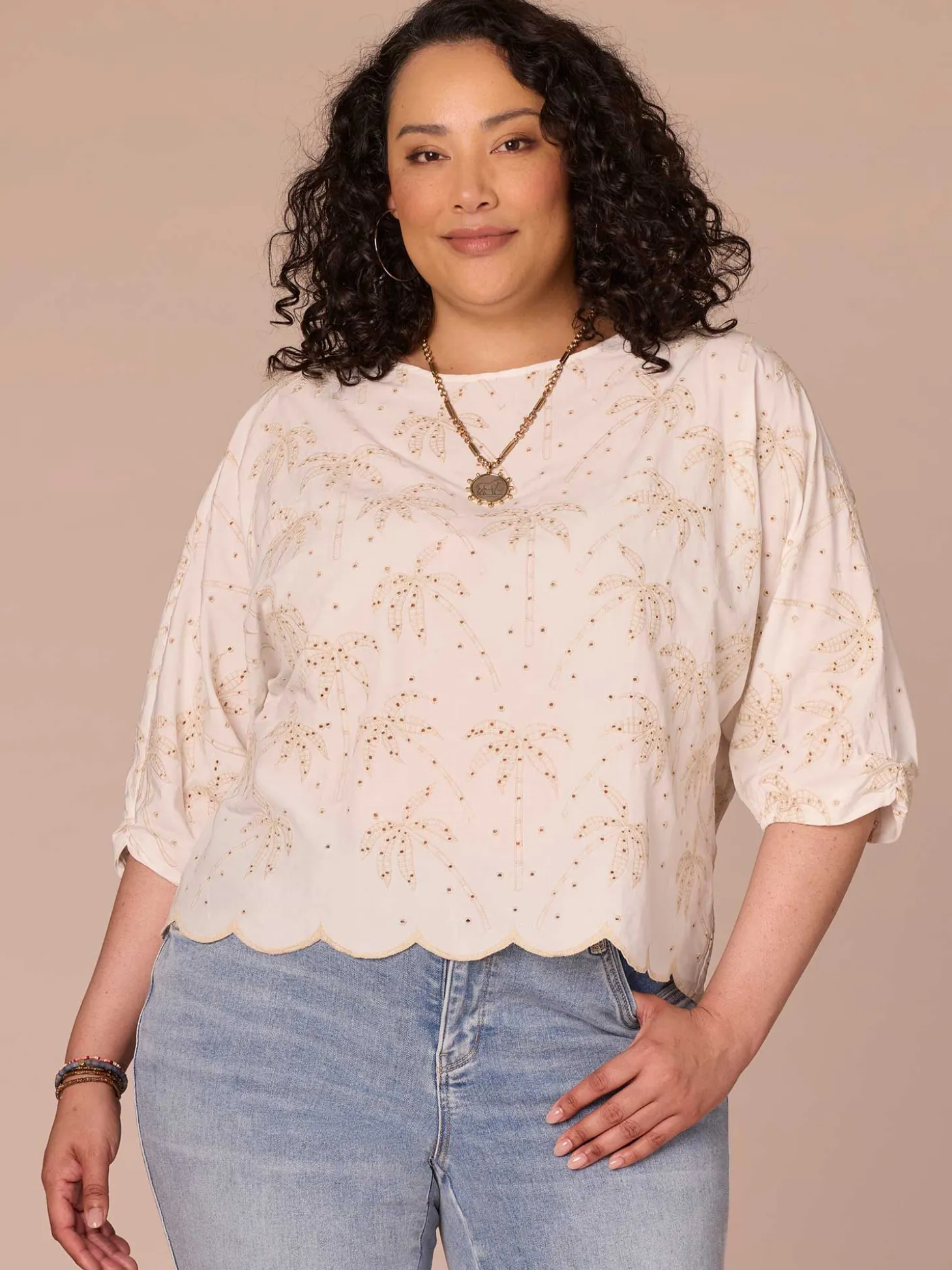 Three Quarter Pleated Sleeve Boat Neck Palm Tree Plus Size Woven Top