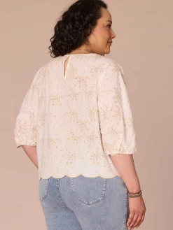 Three Quarter Pleated Sleeve Boat Neck Palm Tree Plus Size Woven Top
