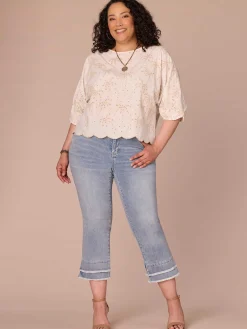 Three Quarter Pleated Sleeve Boat Neck Palm Tree Plus Size Woven Top