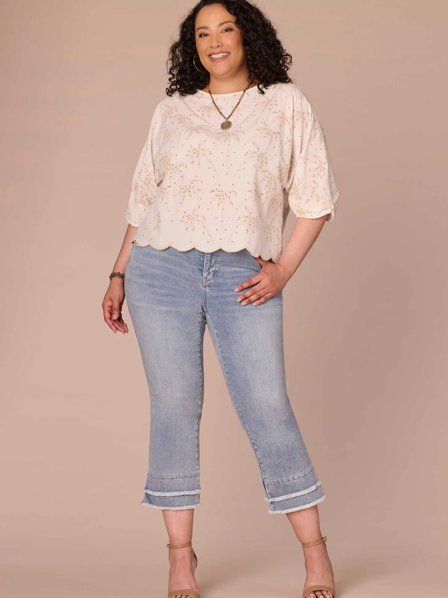Three Quarter Pleated Sleeve Boat Neck Palm Tree Plus Size Woven Top