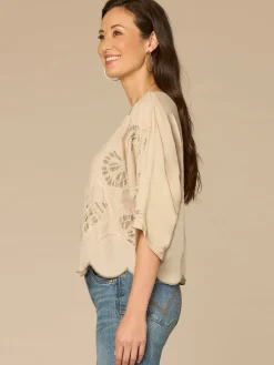 Three Quarter Sleeve Boat Neck Soutache Embroidery Petite Woven Top