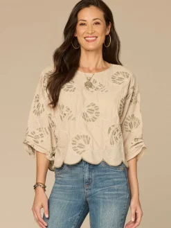Three Quarter Sleeve Boat Neck Soutache Embroidery Petite Woven Top