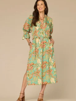 Three Quarter Sleeve Grosgrain Ruched Neck Printed Woven Dress