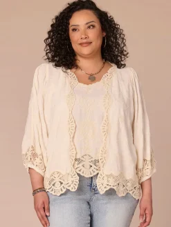 Three Quarter Sleeve Open Front Crochet Cropped Plus Size Woven Jacket