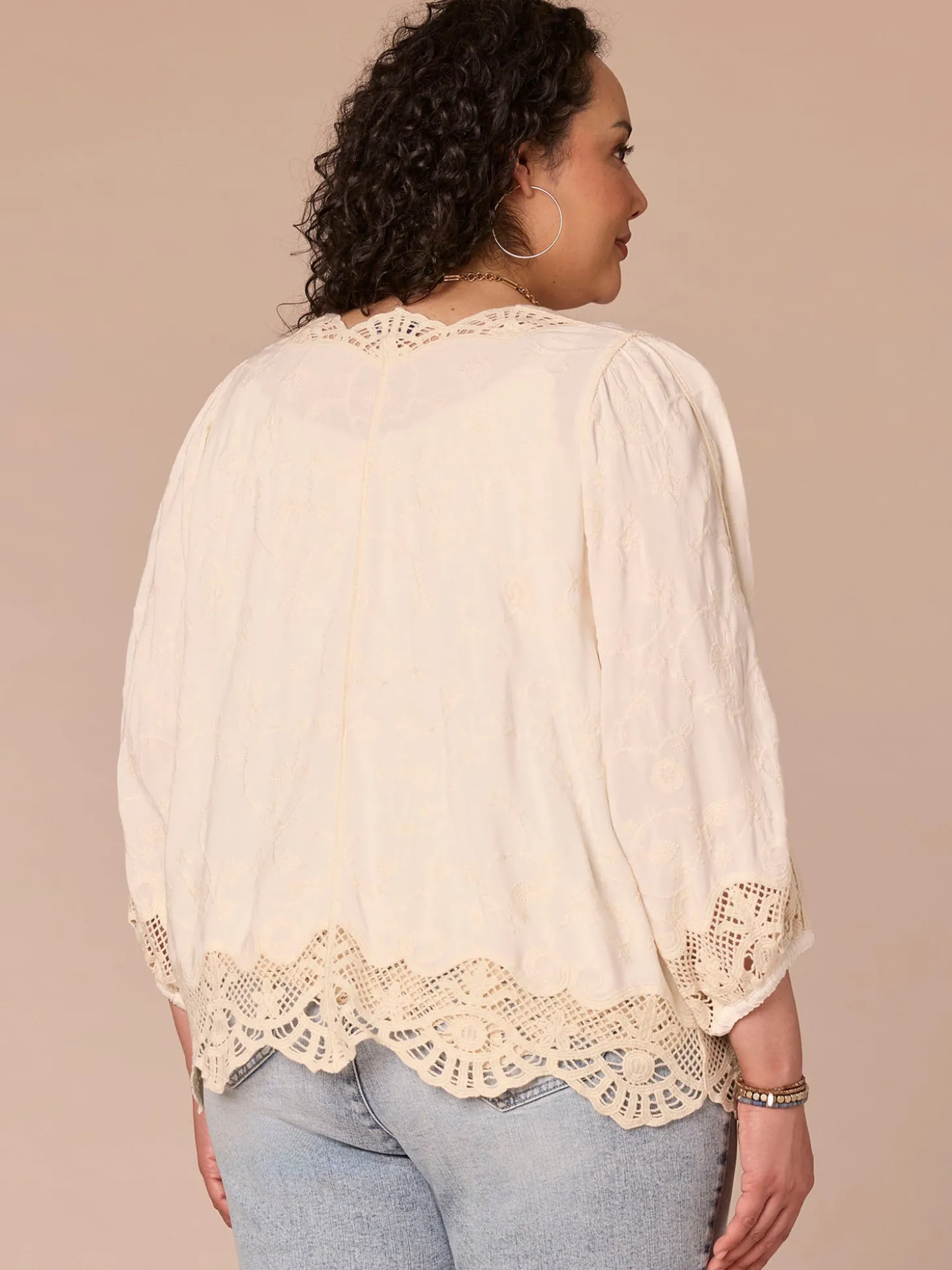 Three Quarter Sleeve Open Front Crochet Cropped Plus Size Woven Jacket