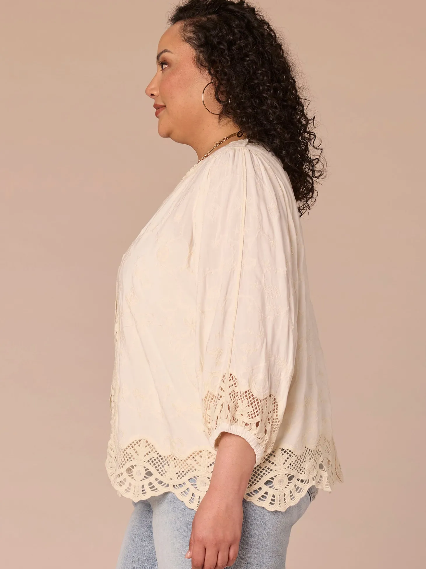 Three Quarter Sleeve Open Front Crochet Cropped Plus Size Woven Jacket