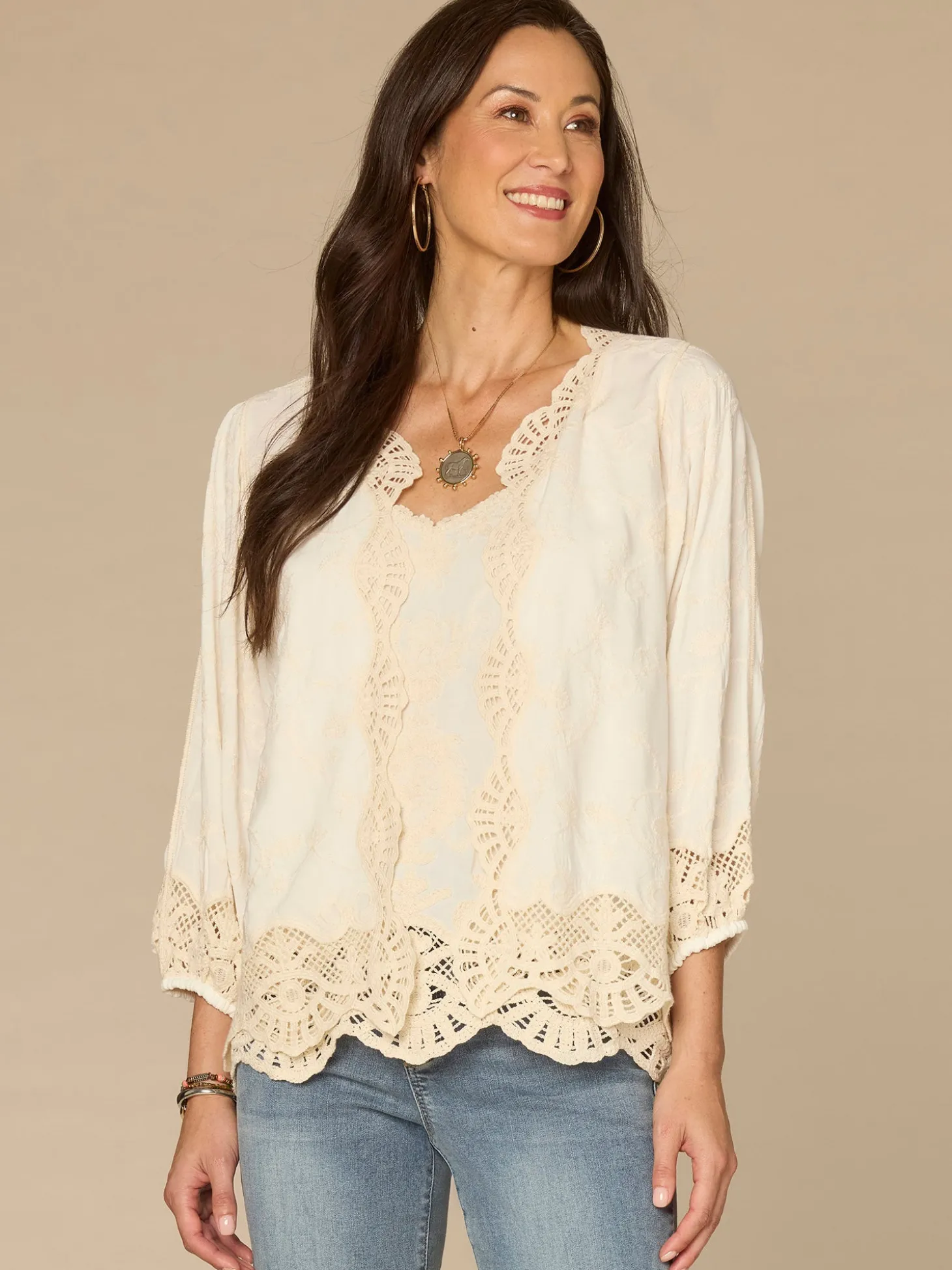 Three Quarter Sleeve Open Front Crochet Cropped Petite Woven Jacket