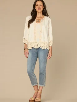 Three Quarter Sleeve Open Front Crochet Cropped Petite Woven Jacket