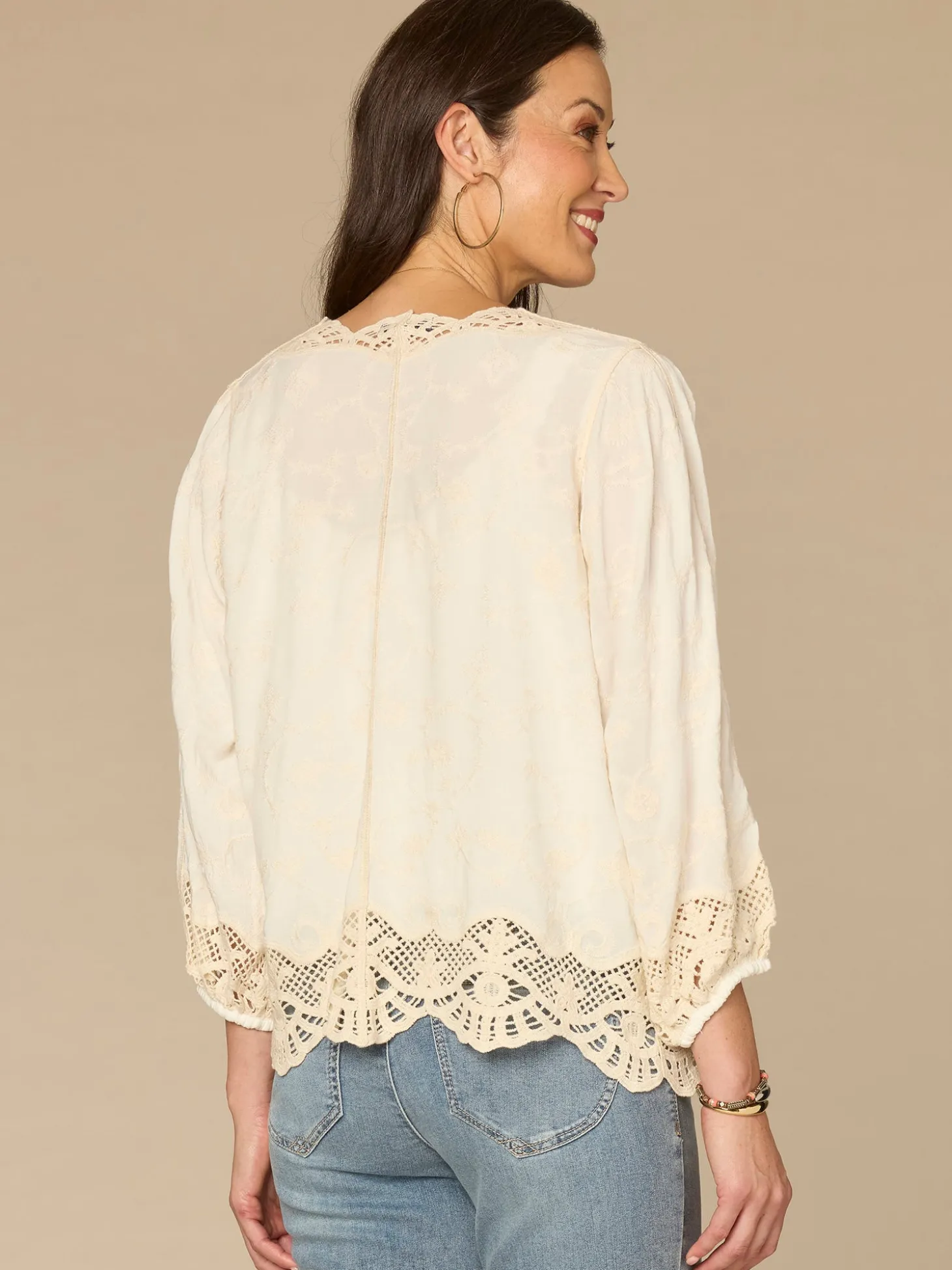 Three Quarter Sleeve Open Front Crochet Cropped Petite Woven Jacket