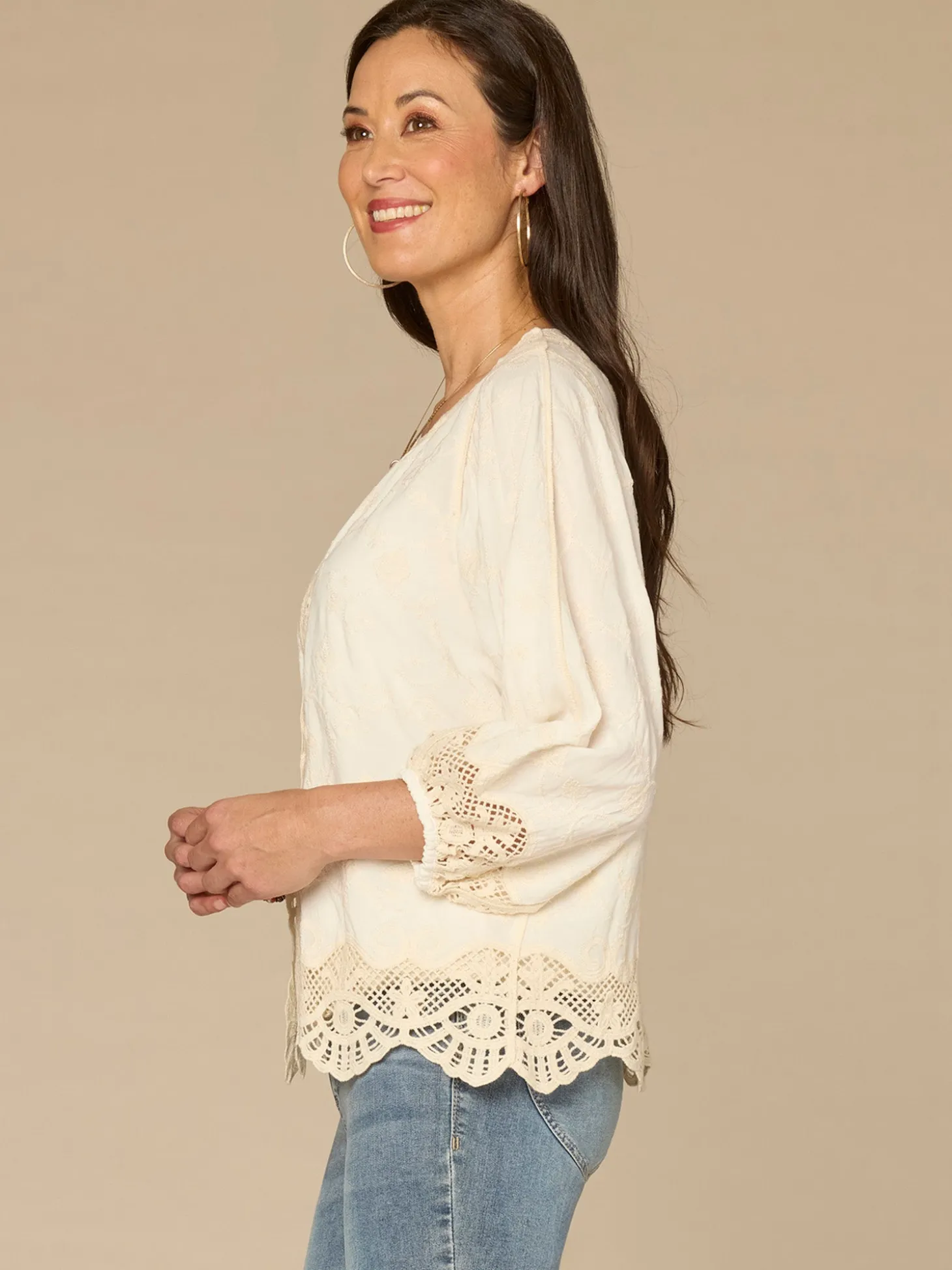 Three Quarter Sleeve Open Front Crochet Cropped Petite Woven Jacket
