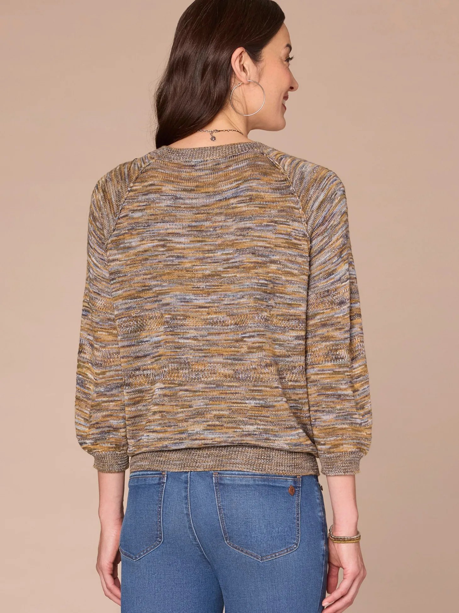 Three Quarter Sleeve Round Neck Metallic Space Dye Plus Size Sweater