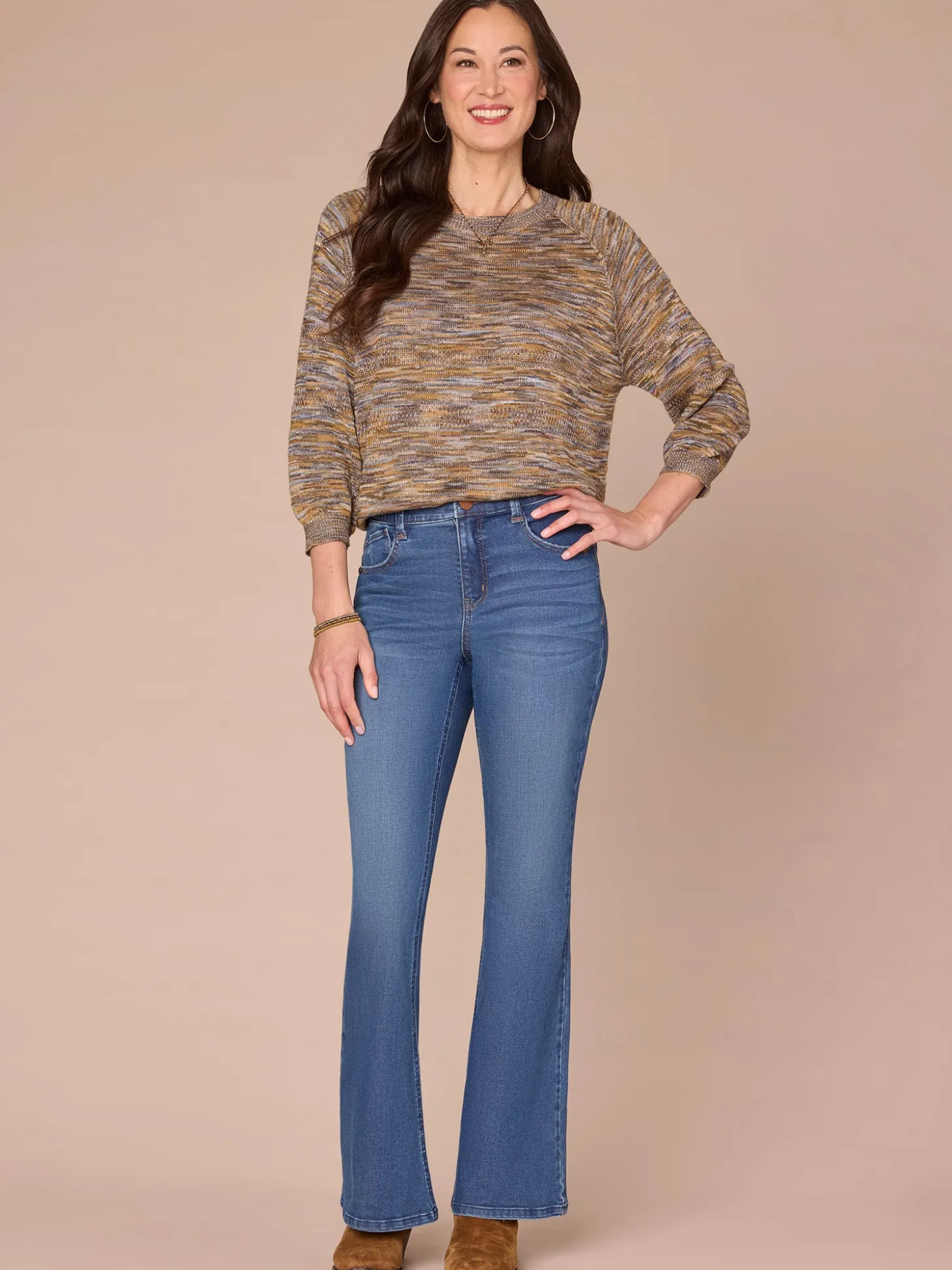 Three Quarter Sleeve Round Neck Metallic Space Dye Plus Size Sweater