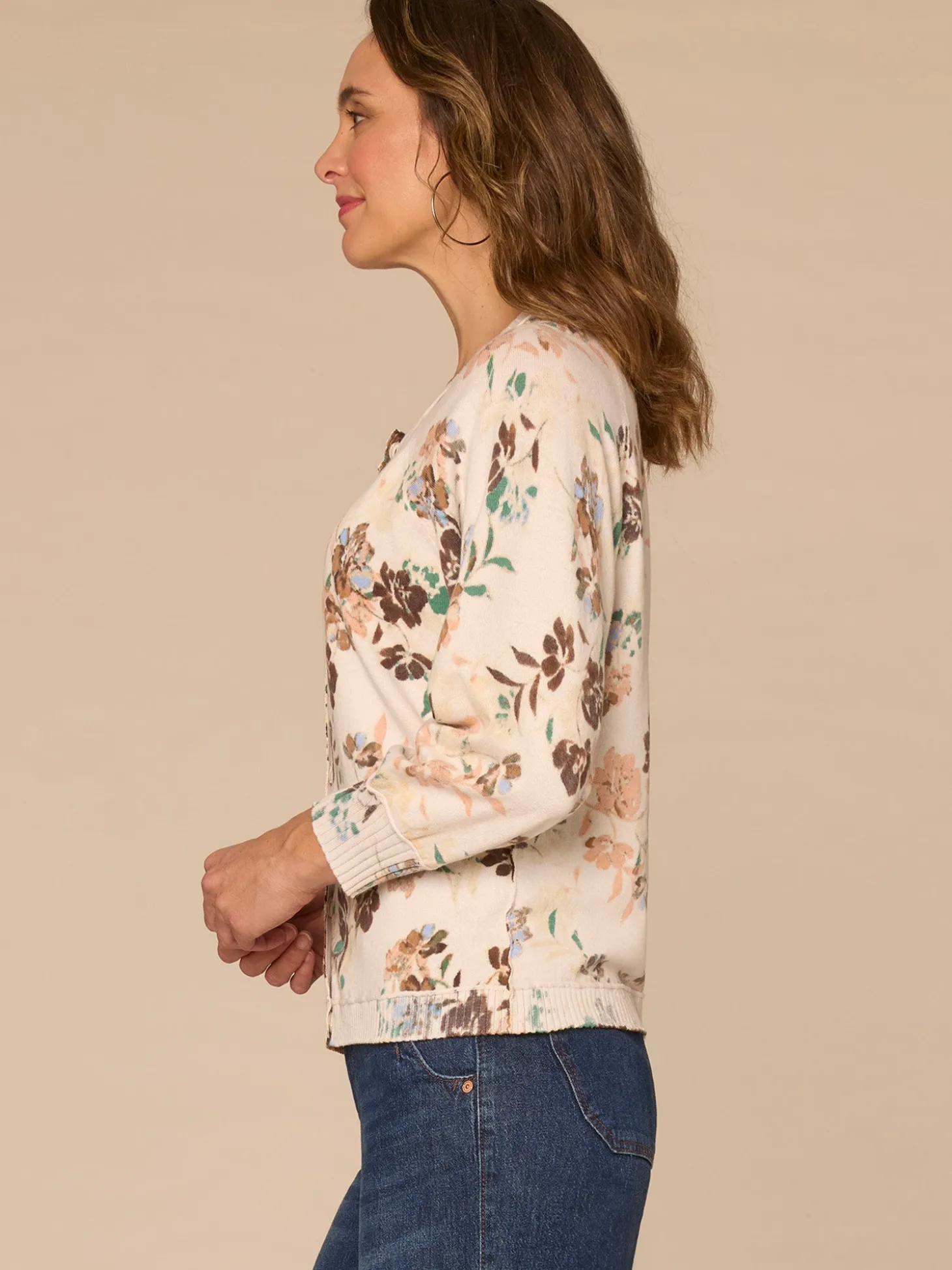 Three Quarter Sleeve Round Neck Reversible Printed Sweater Cardigan