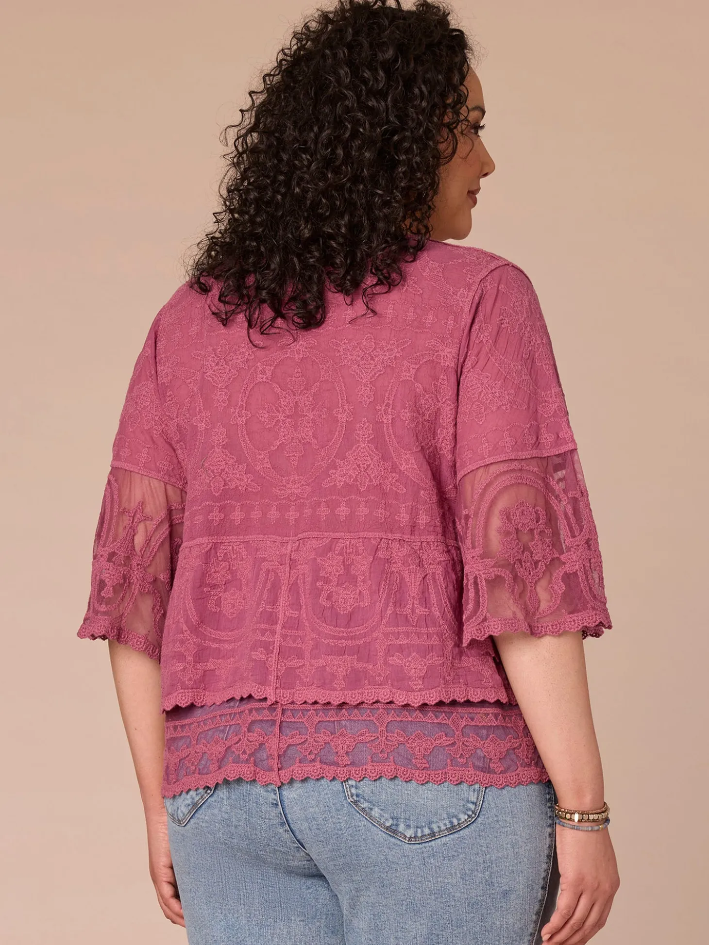 Three Quarter Sleeve Scoop Neck Peplum Plus Size Woven Top