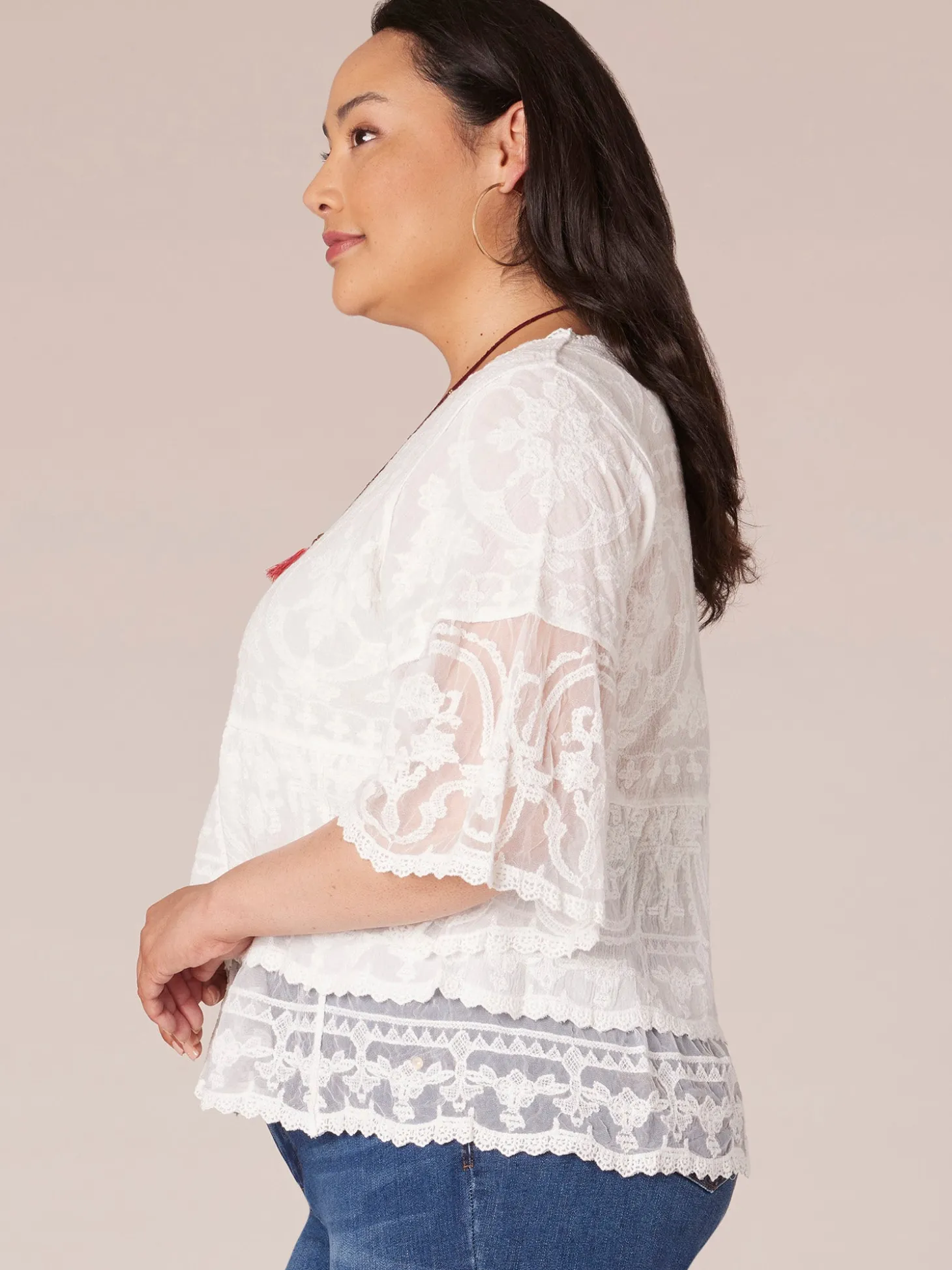Three Quarter Sleeve Scoop Neck Peplum Plus Size Woven Top