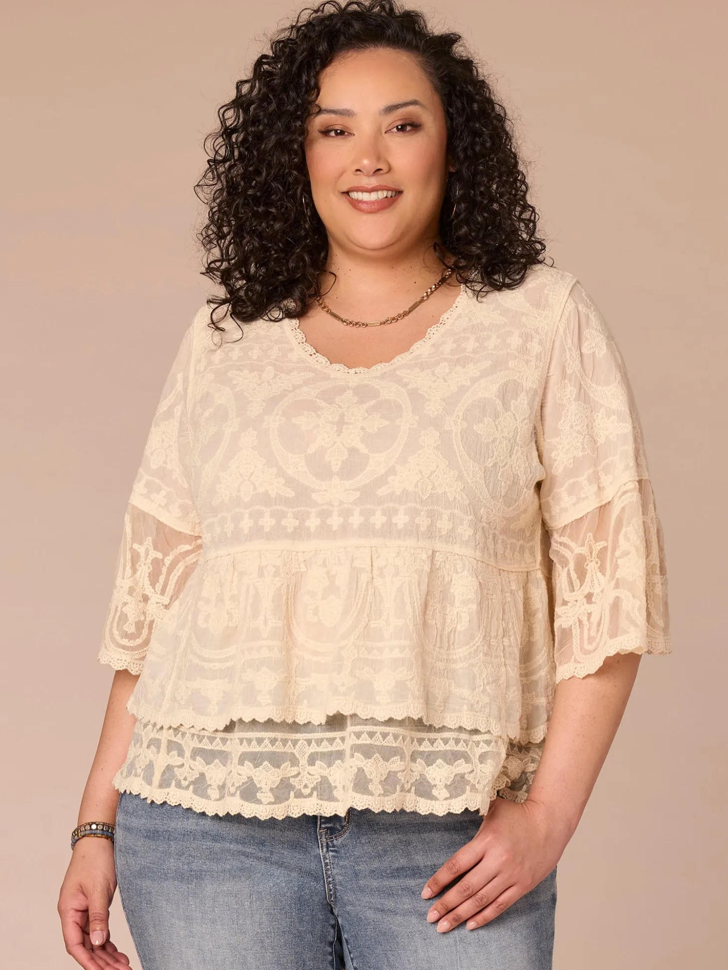 Three Quarter Sleeve Scoop Neck Peplum Plus Size Woven Top
