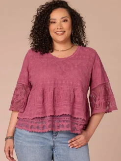 Three Quarter Sleeve Scoop Neck Peplum Plus Size Woven Top