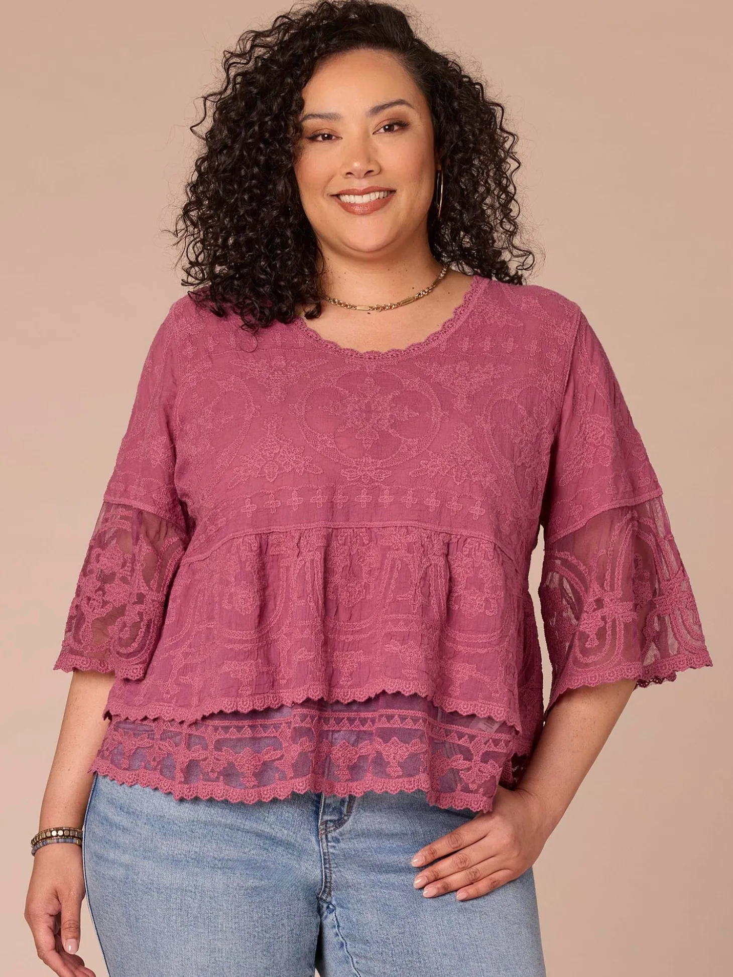 Three Quarter Sleeve Scoop Neck Peplum Plus Size Woven Top