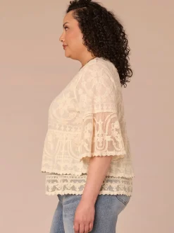 Three Quarter Sleeve Scoop Neck Peplum Plus Size Woven Top
