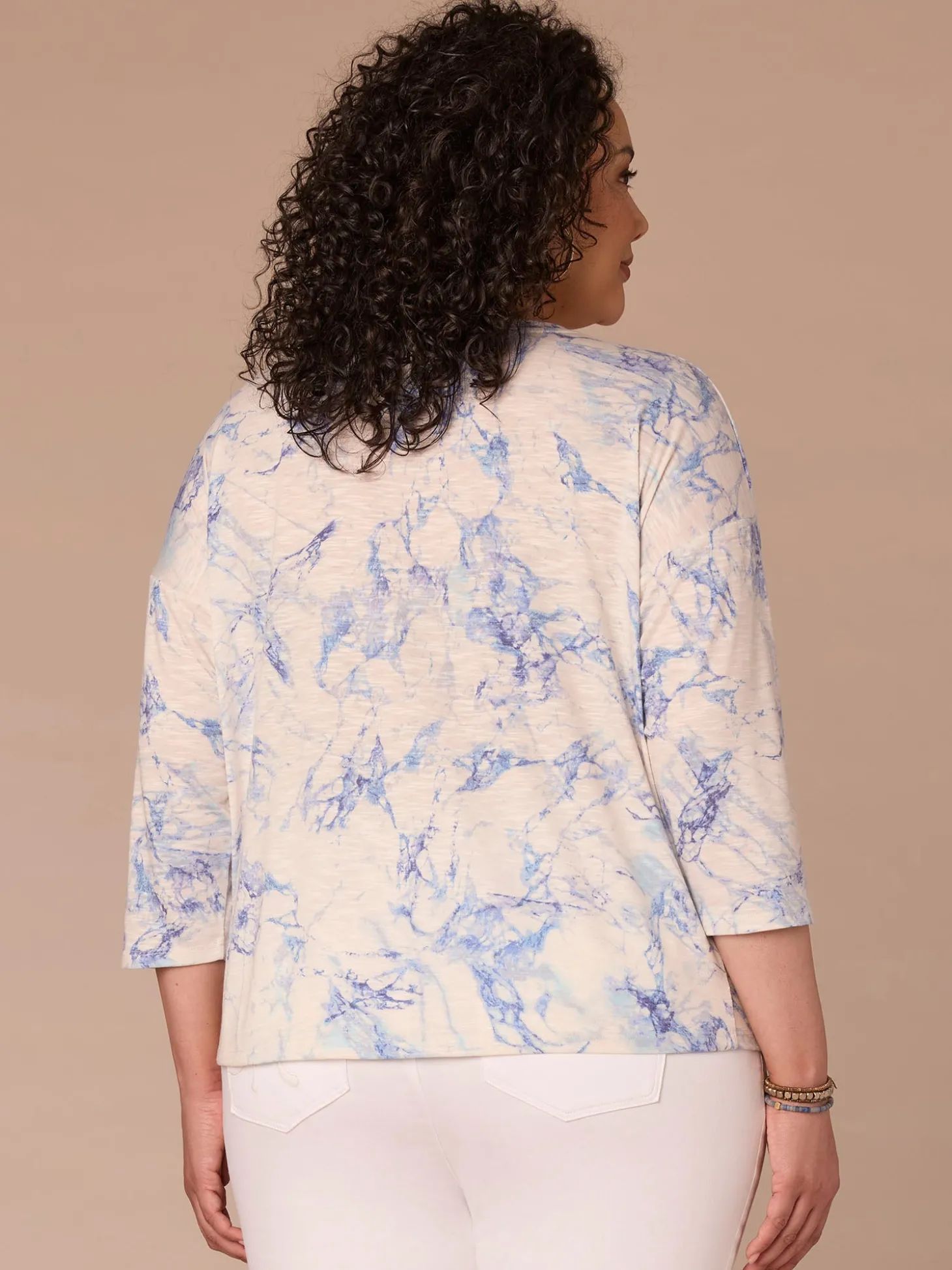 Three Quarter Sleeve Scoop Neck Twist Hem Printed Plus Size Knit Top