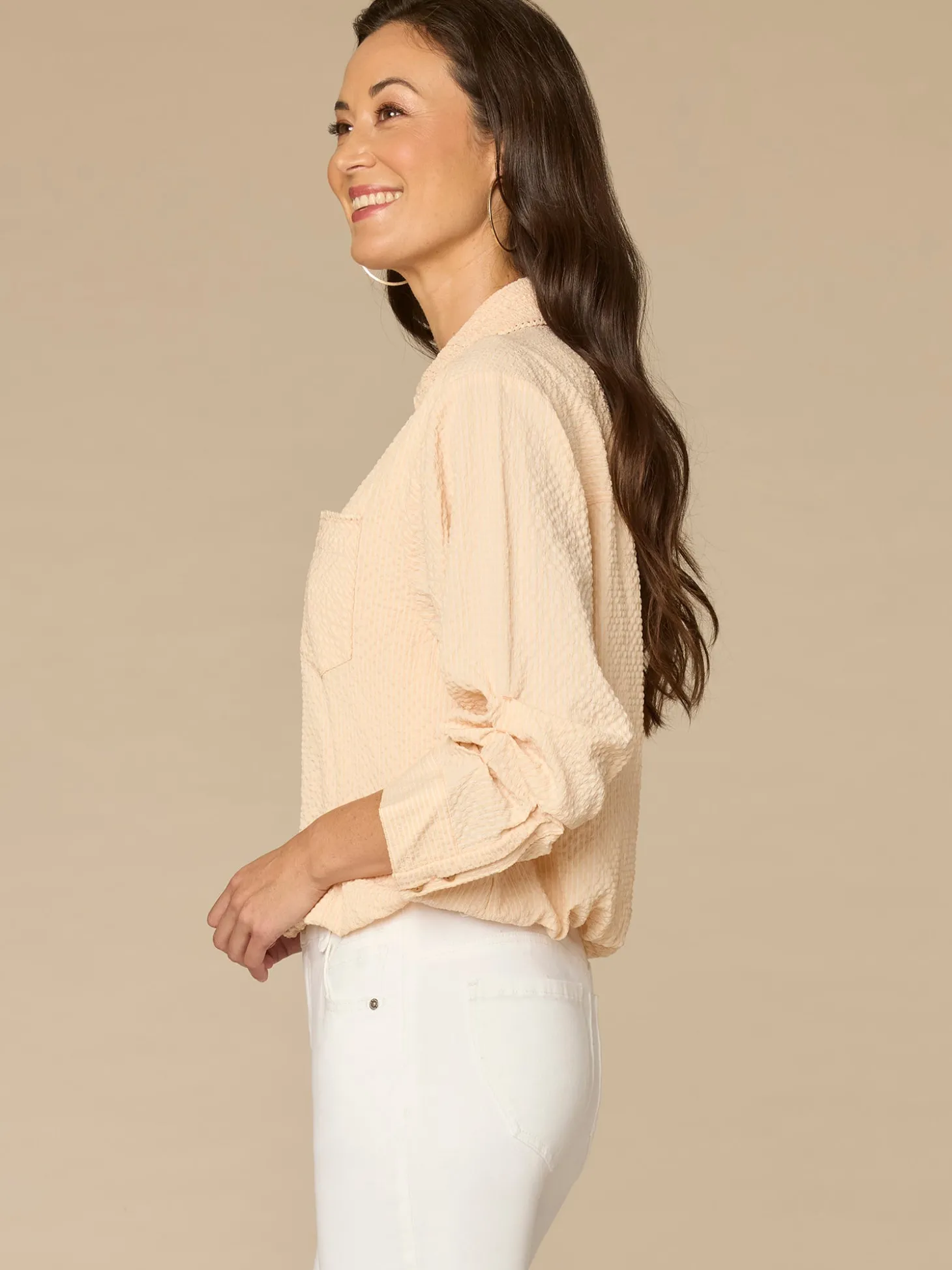 Tucked Sleeve Button Down Bubble Hem Splice Stripe Petite Woven Shirt