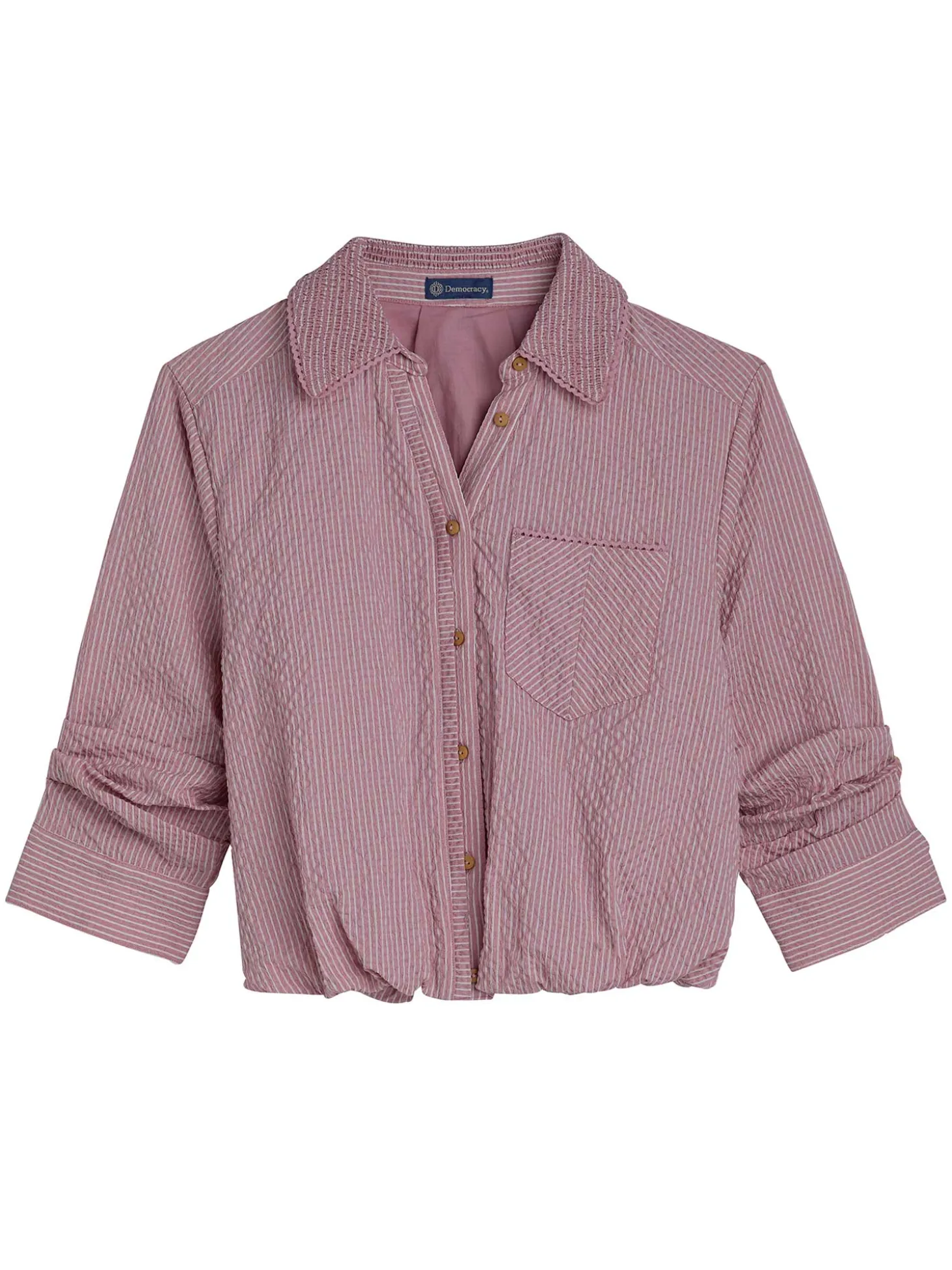 Tucked Sleeve Smocked Button Down Bubble Hem Splice Stripe Woven Shirt