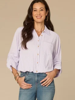 Tucked Sleeve Smocked Button Down Bubble Hem Splice Stripe Woven Shirt