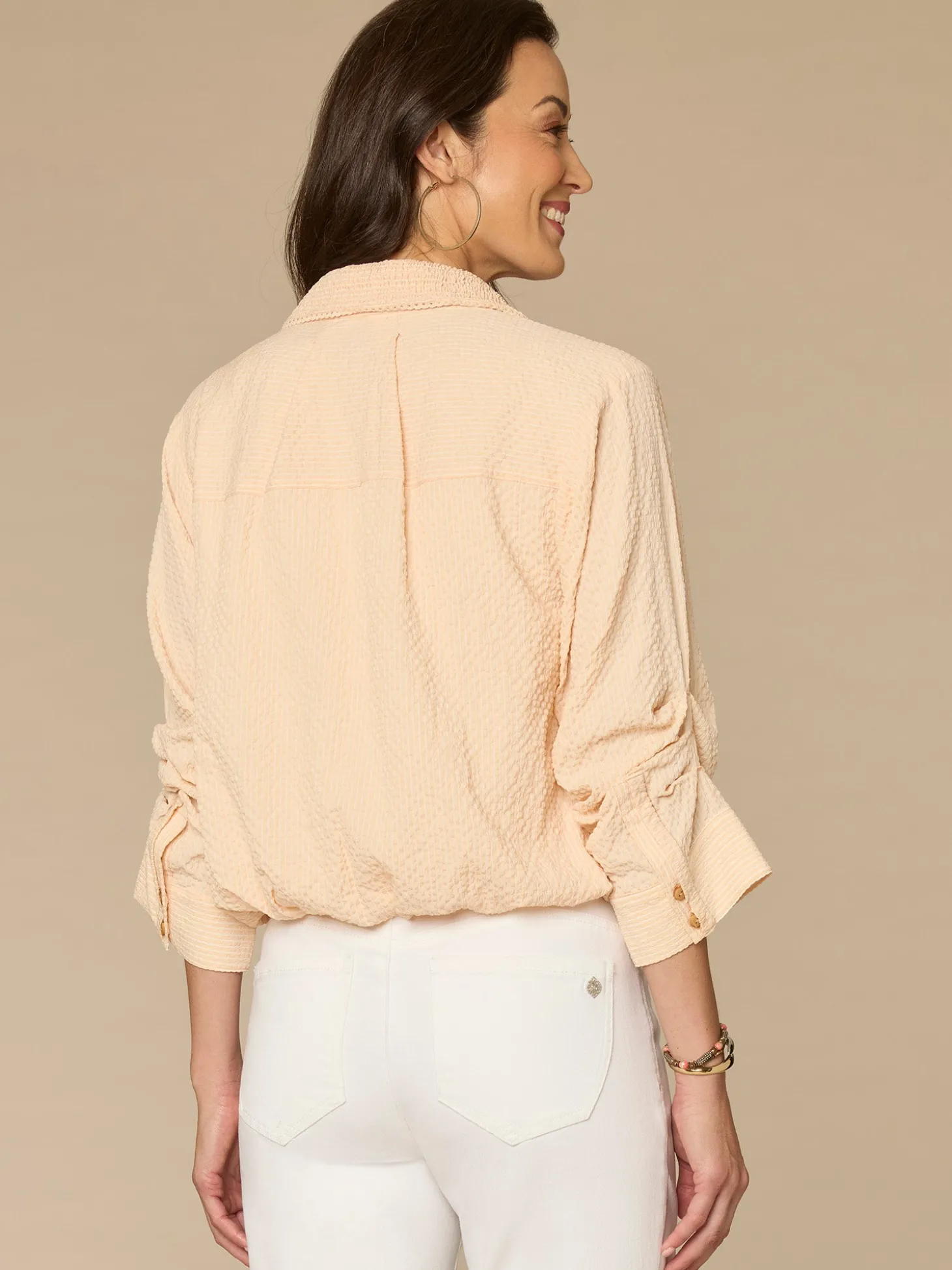 Tucked Sleeve Smocked Button Down Bubble Hem Splice Stripe Woven Shirt