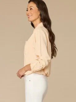 Tucked Sleeve Smocked Button Down Bubble Hem Splice Stripe Woven Shirt