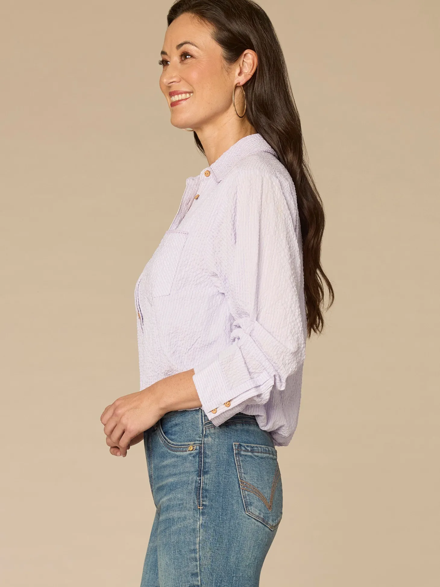 Tucked Sleeve Smocked Button Down Bubble Hem Splice Stripe Woven Shirt
