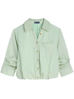 Tucked Sleeve Smocked Button Down Bubble Hem Splice Stripe Woven Shirt