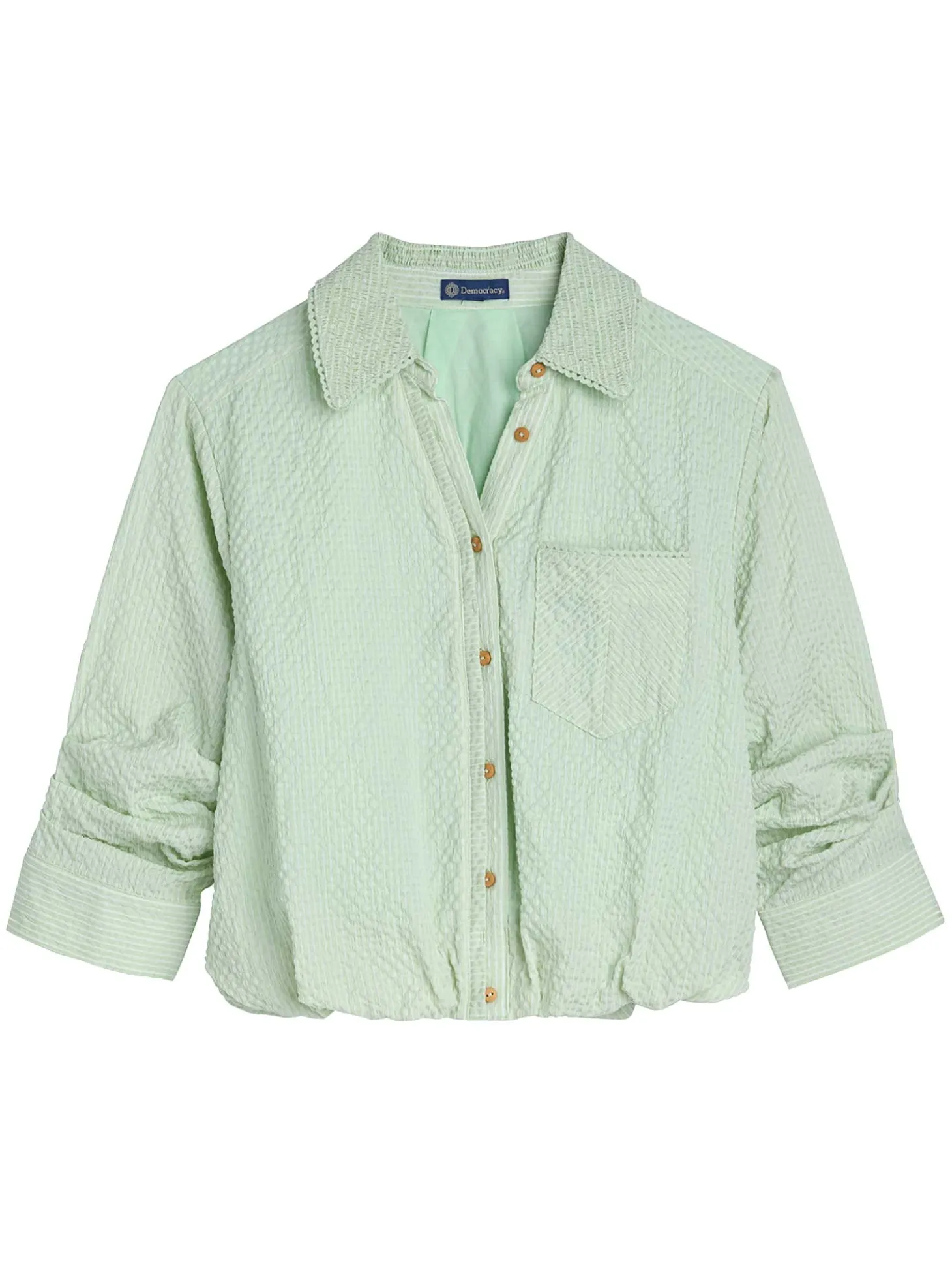 Tucked Sleeve Smocked Button Down Bubble Hem Splice Stripe Woven Shirt